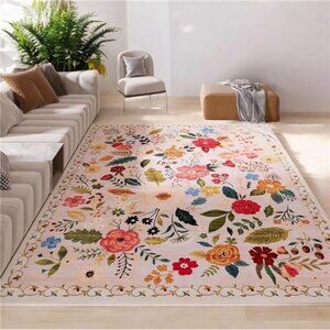 NEW Anthropologie White Floral Boho Vintage Multicolor  Area Rug Carpet 5' x 7'